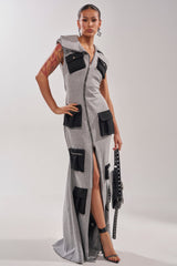 DON'T MESS WITH ME COLLARED MAXI DRESS IN GREY SCUBA