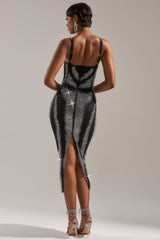 AURA RHINESTONE MESH PRINTED MIDI DRESS