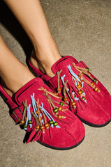 AZALEA WANG ABEILLE BURGUNDY FAUX SUEDE FRINGE CLOG