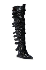AZALEA WANG CINZIA BLACK CROC BUCKLE WEDGE BOOT