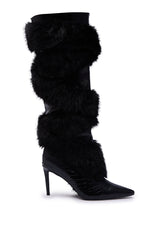 AZALEA WANG CONRADDE BLACK MIXED MATERIAL FUR AND SNAKE STILETTO BOOT