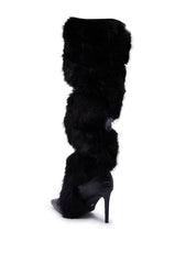 AZALEA WANG CONRADDE BLACK MIXED MATERIAL FUR AND SNAKE STILETTO BOOT