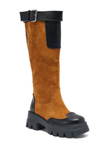AZALEA WANG DALILA COLOR BLOCKED FLATFORM BOOT IN COGNAC