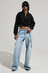 DAVIS EVERYDAY CROPPED VARSITY BOMBER IN BLACK