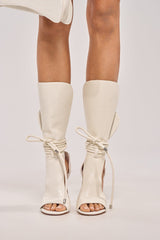 AZALEA WANG DOUMA WHITE WEDGE LACE UP TALL SHAFT SANDAL