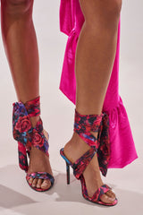 AZALEA WANG ELZON RED SATIN STILETTO FLORAL PRINT SANDAL