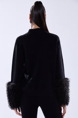 COZY VIBES SWEATER WITH FUR CUFF IN BLACK