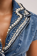 DRIPPING IN PEARLS DENIM BLOUSE