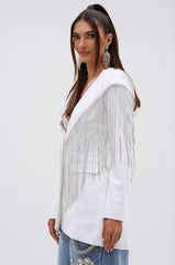 DRIPPY RHINESTONE FRINGE BLAZER IN WHITE