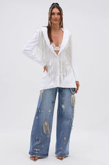 DRIPPY RHINESTONE FRINGE BLAZER IN WHITE