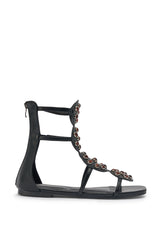 AZALEA WANG MIKAERE BLACK BROWN STONE EMBELLISHED FLAT STRAP SANDAL