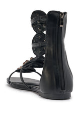 AZALEA WANG MIKAERE BLACK BROWN STONE EMBELLISHED FLAT STRAP SANDAL