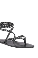 AZALEA WANG RASMUS BLACK SILVER STUD EMBELLISHED FLAT STRAP SANDAL