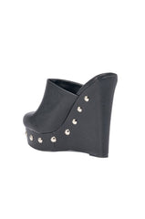 AZALEA WANG RIALA BLACK PU SILVER STUDDED WEDGE CLOG SANDAL