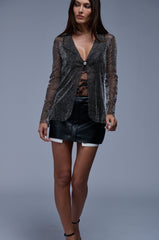 AN ELEGANT EVENING RHINESTONE MESH COLLARED BLOUSE