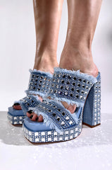 AZALEA WANG KOHANA EMBELLISHED CHUNKY DENIM SANDAL