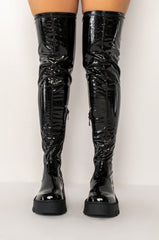 AZALEA WANG MILLY THIGH HIGH FLATFORM BOOT IN BLACK STRETCH