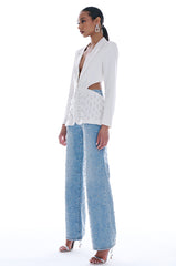 BACK CUT RHINESTONE BLAZER IN WHITE