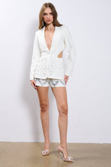 BACK CUT RHINESTONE BLAZER IN WHITE