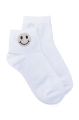 BLING SMILEY FACE SOCKS IN WHITE