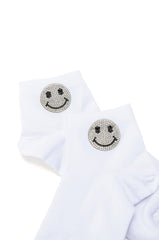 BLING SMILEY FACE SOCKS IN WHITE