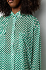 CENTRAL PARK GINGHAM MESH BUTTON DOWN BLOUSE