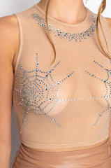 CHARLOTTE SLEEVELESS CREW NECK RHINESTONE MESH CROP TOP
