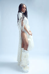 CHEYENNE FAUX LEATHER FRINGE BELTED SWEATER IN IVORY