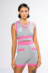 COLLEGIATE SO STUDIOUS CROPPED SLEEVELESS SWEATER