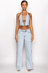 COVERED IN DIAMONDS DENIM PLUNGE CROP TOP
