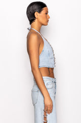 COVERED IN DIAMONDS DENIM PLUNGE CROP TOP