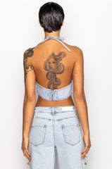 COVERED IN DIAMONDS DENIM PLUNGE CROP TOP