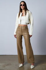 DRESSY CROPPED FAUX LEATHER BLAZER IN IVORY