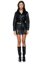 DYLAN FAUX LEATHER WRAP FRONT BLOUSE