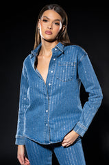 EFFORTLESS GLAM RHINESTONE STRIPE BUTTON DOWN SHIRT