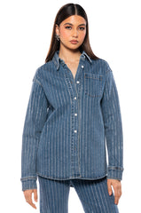 EFFORTLESS GLAM RHINESTONE STRIPE BUTTON DOWN SHIRT