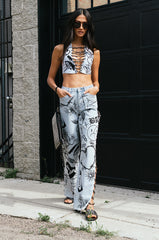 DRIPPING IN DIAMONDS DENIM PLUNGE CROP TOP