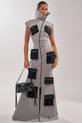 DON'T MESS WITH ME COLLARED MAXI DRESS IN GREY SCUBA