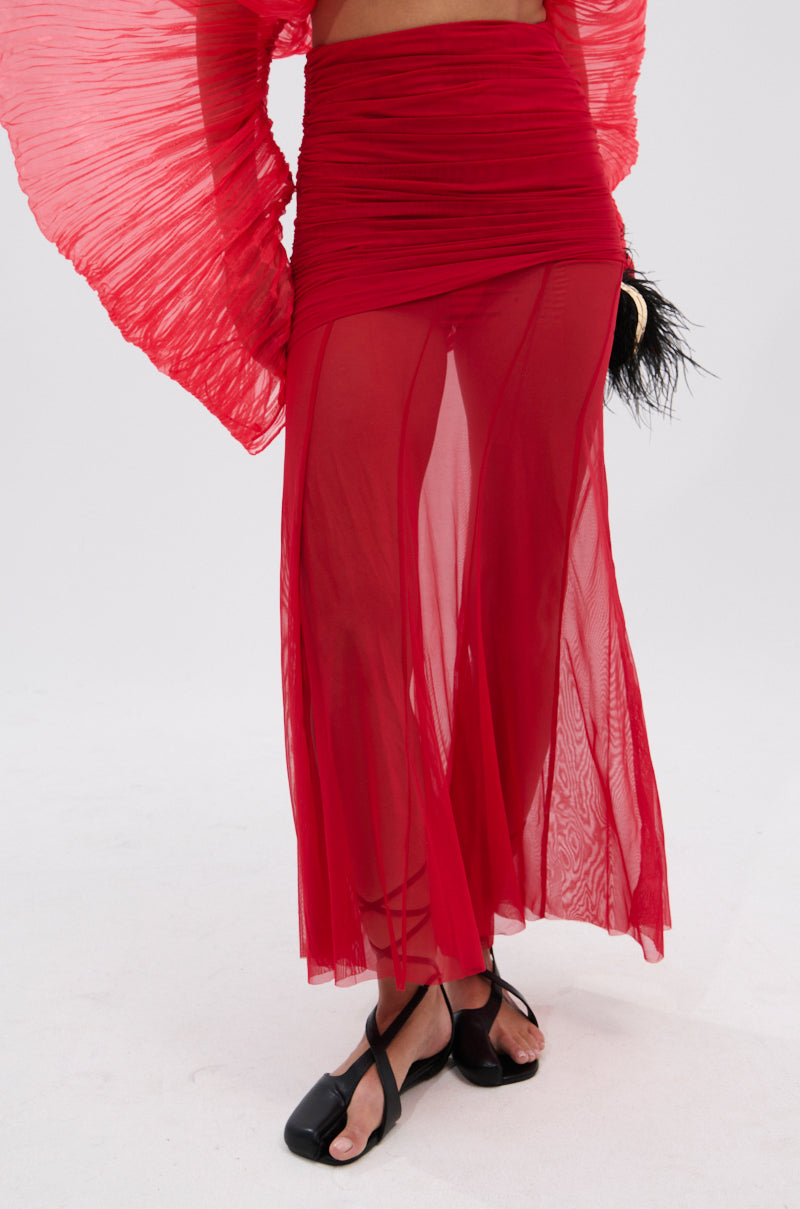 EASY ENOUGH RED MESH MIDI SKIRT